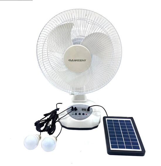 VENTILADOR RECARGABLE 16" CON 2 BOMBILLAS Y PANEL SOLAR