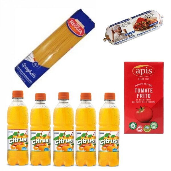 5 JUGOS DE NARANJA + SPAGHETTI 250g + PICADILLO MIXTO + TOMATE FRITO 210g