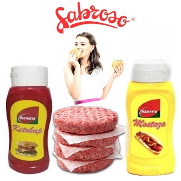 PACK 4 HAMBURGUESAS DE POLLO + KETCHUP 300g+ MOSTAZA 300g