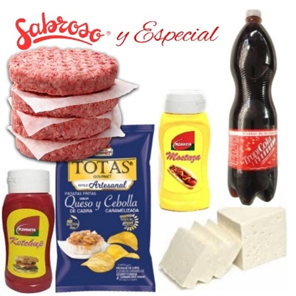 ESPECIAL / 4 HAMBURGUESAS DE POLLO + KETCHUP 300g + MOSTAZA 300g + PATATAS FRITAS + QUESO BLANCO 1 LB + REFRESCO 1.5 L